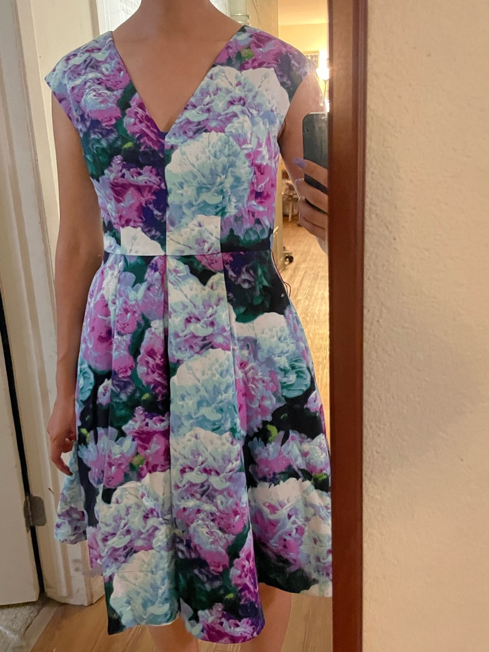 Eliza J Purple, Blue & Green Floral V‑Neck Fit‑and‑Flare Dress